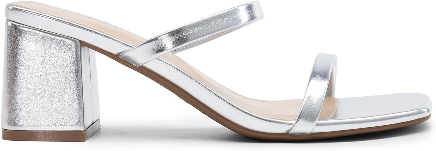 imageDREAM PAIRS Sandal Heels for Women Low Square Open Toe Block Chunky Heels Slip On Slides Mules for Party Homecoming DailySilver