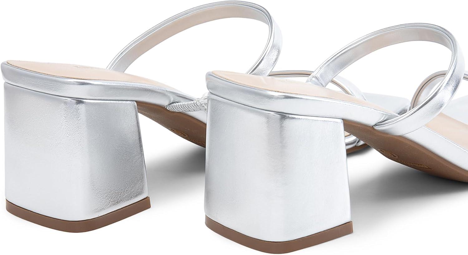 imageDREAM PAIRS Sandal Heels for Women Low Square Open Toe Block Chunky Heels Slip On Slides Mules for Party Homecoming DailySilver