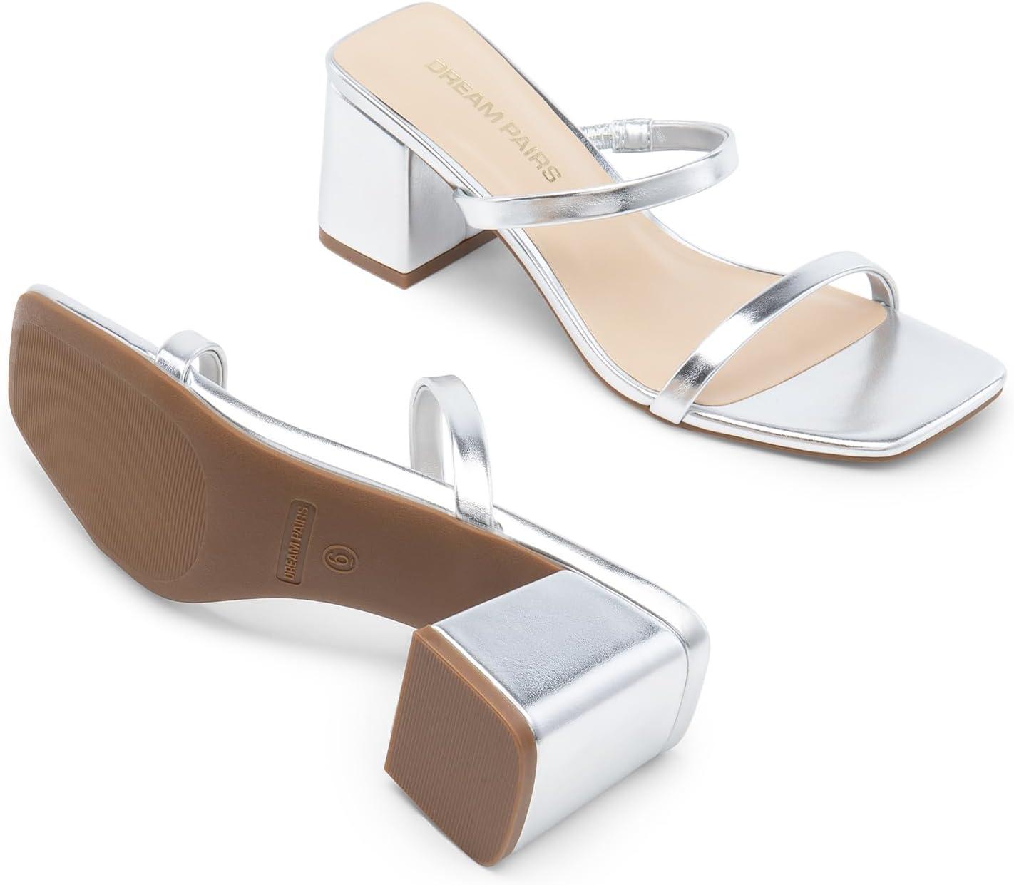 imageDREAM PAIRS Sandal Heels for Women Low Square Open Toe Block Chunky Heels Slip On Slides Mules for Party Homecoming DailySilver
