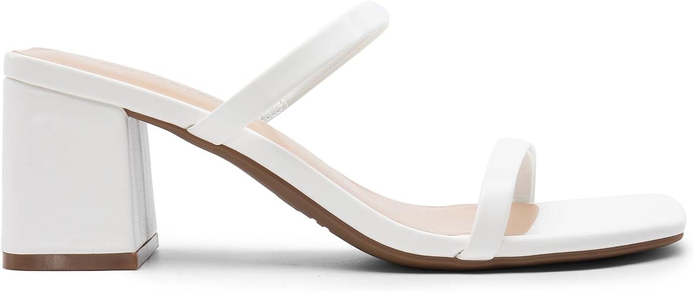 imageDREAM PAIRS Sandal Heels for Women Low Square Open Toe Block Chunky Heels Slip On Slides Mules for Party Homecoming DailyWhite