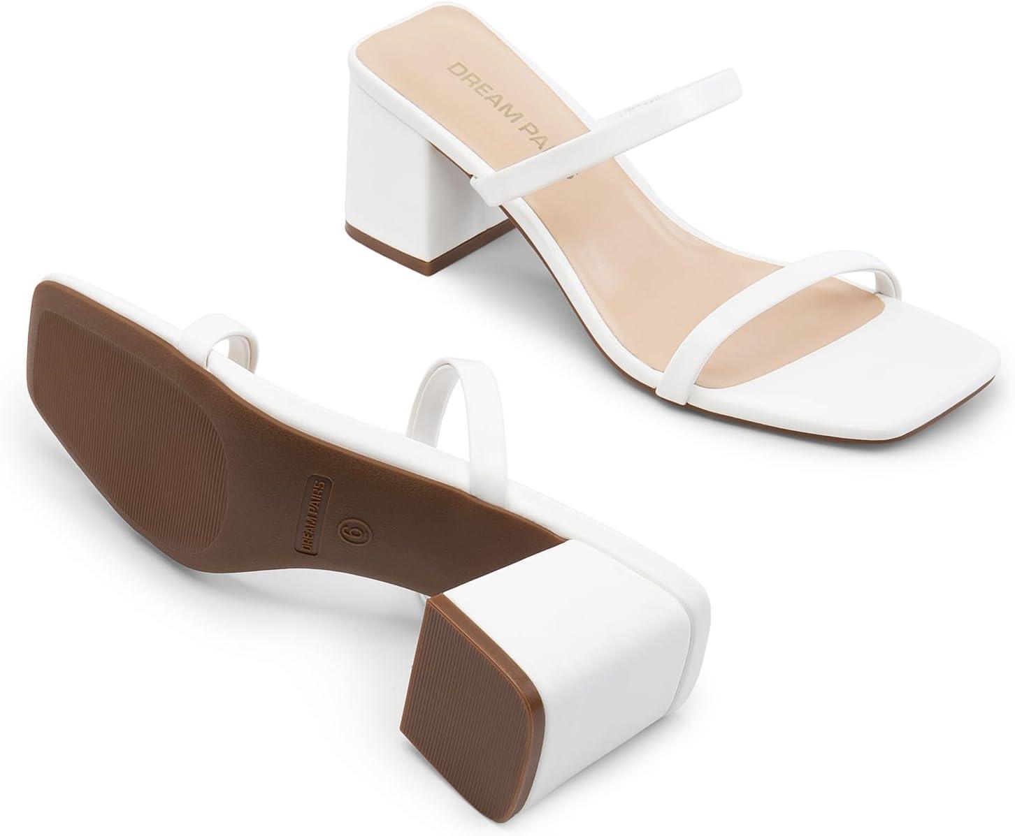 imageDREAM PAIRS Sandal Heels for Women Low Square Open Toe Block Chunky Heels Slip On Slides Mules for Party Homecoming DailyWhite