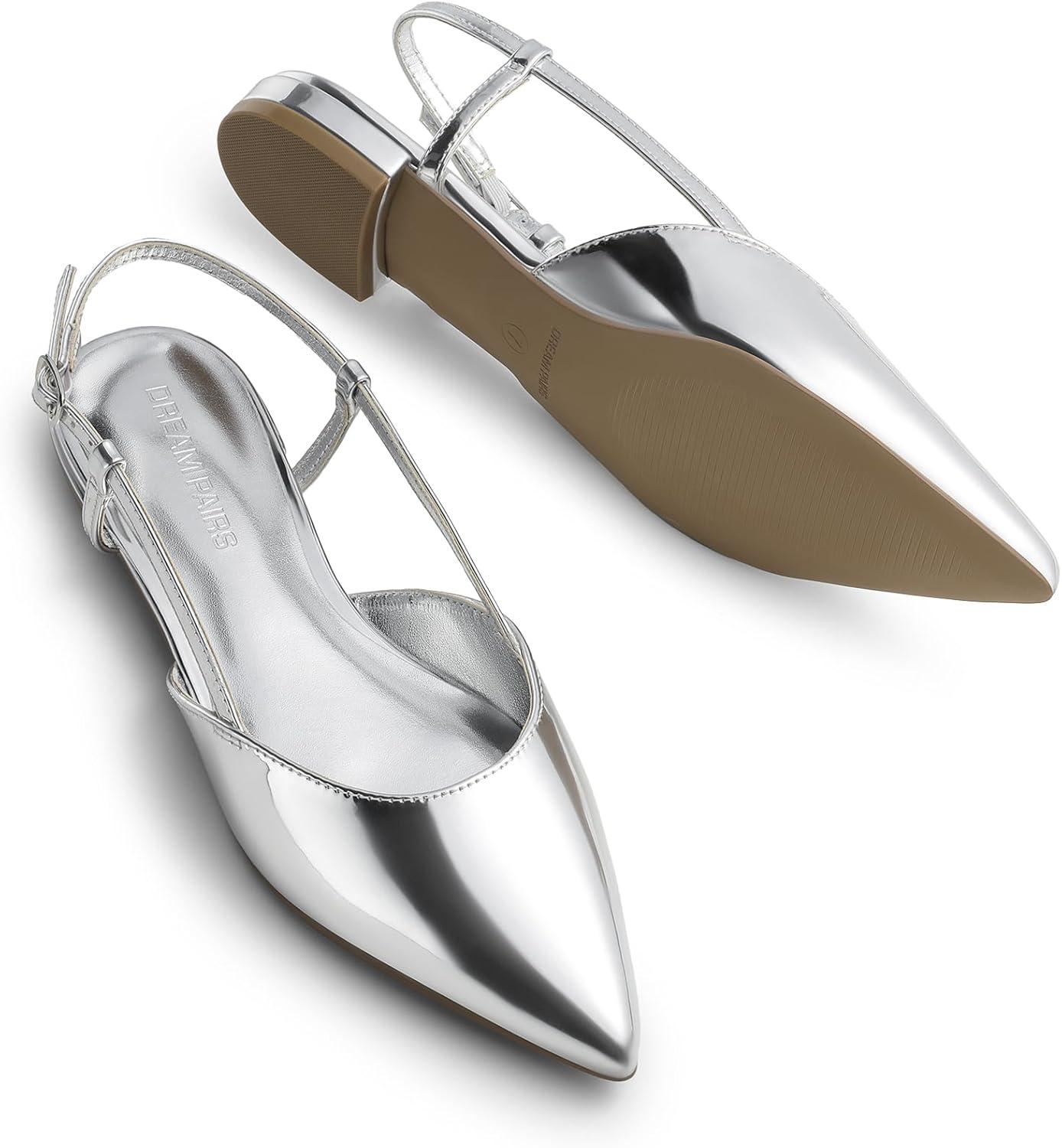 imageDREAM PAIRS Slingback Flats for Women PointedToe Elegant Womens Ballet Flats with Buckle Strap Classic Low Heel Dress Shoes for Casual Work Office PartySilverpat