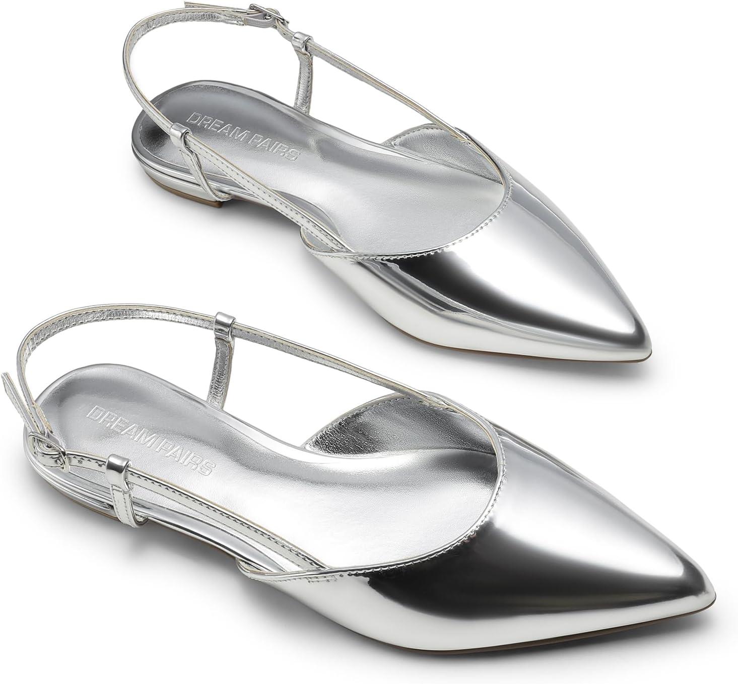 imageDREAM PAIRS Slingback Flats for Women PointedToe Elegant Womens Ballet Flats with Buckle Strap Classic Low Heel Dress Shoes for Casual Work Office PartySilverpat