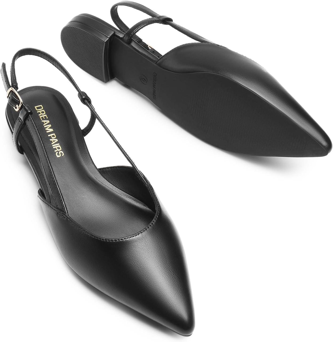 imageDREAM PAIRS Slingback Flats for Women PointedToe Elegant Womens Ballet Flats with Buckle Strap Classic Low Heel Dress Shoes for Casual Work Office PartyAll Blackpu
