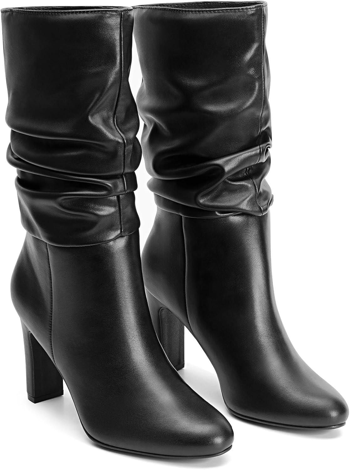 imageDREAM PAIRS Slouch Boots for Women Mid Calf Womens Fashion Almond Toe High Heel Fall Winter Dressy BootsBlackpu