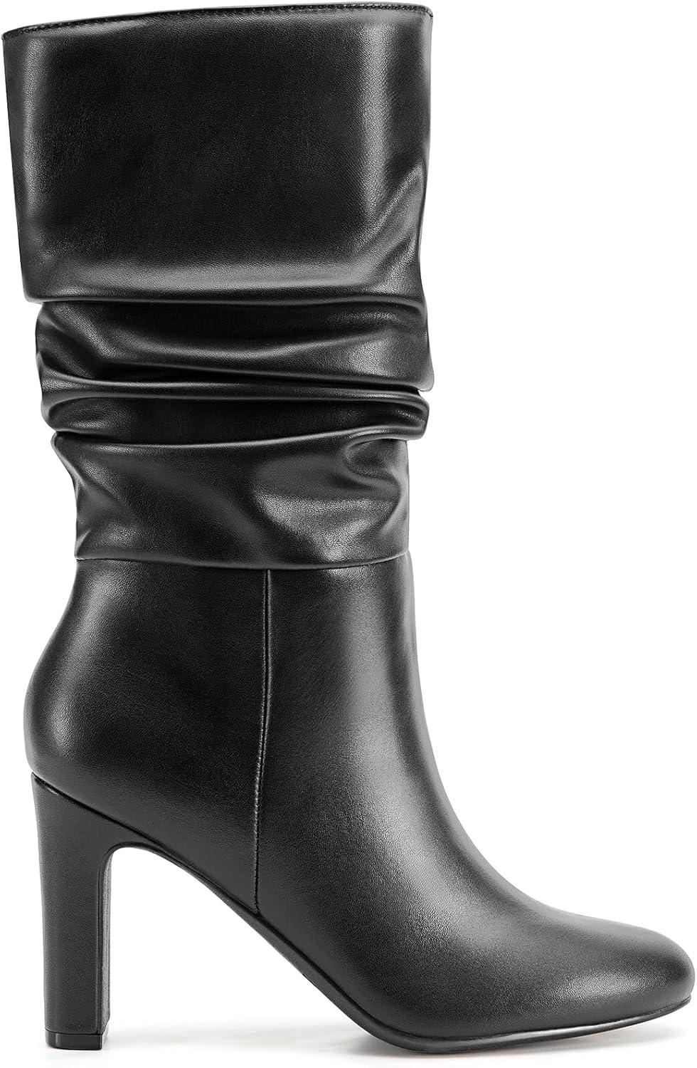 imageDREAM PAIRS Slouch Boots for Women Mid Calf Womens Fashion Almond Toe High Heel Fall Winter Dressy BootsBlackpu