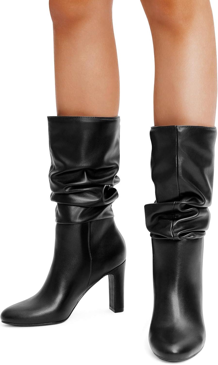imageDREAM PAIRS Slouch Boots for Women Mid Calf Womens Fashion Almond Toe High Heel Fall Winter Dressy BootsBlackpu