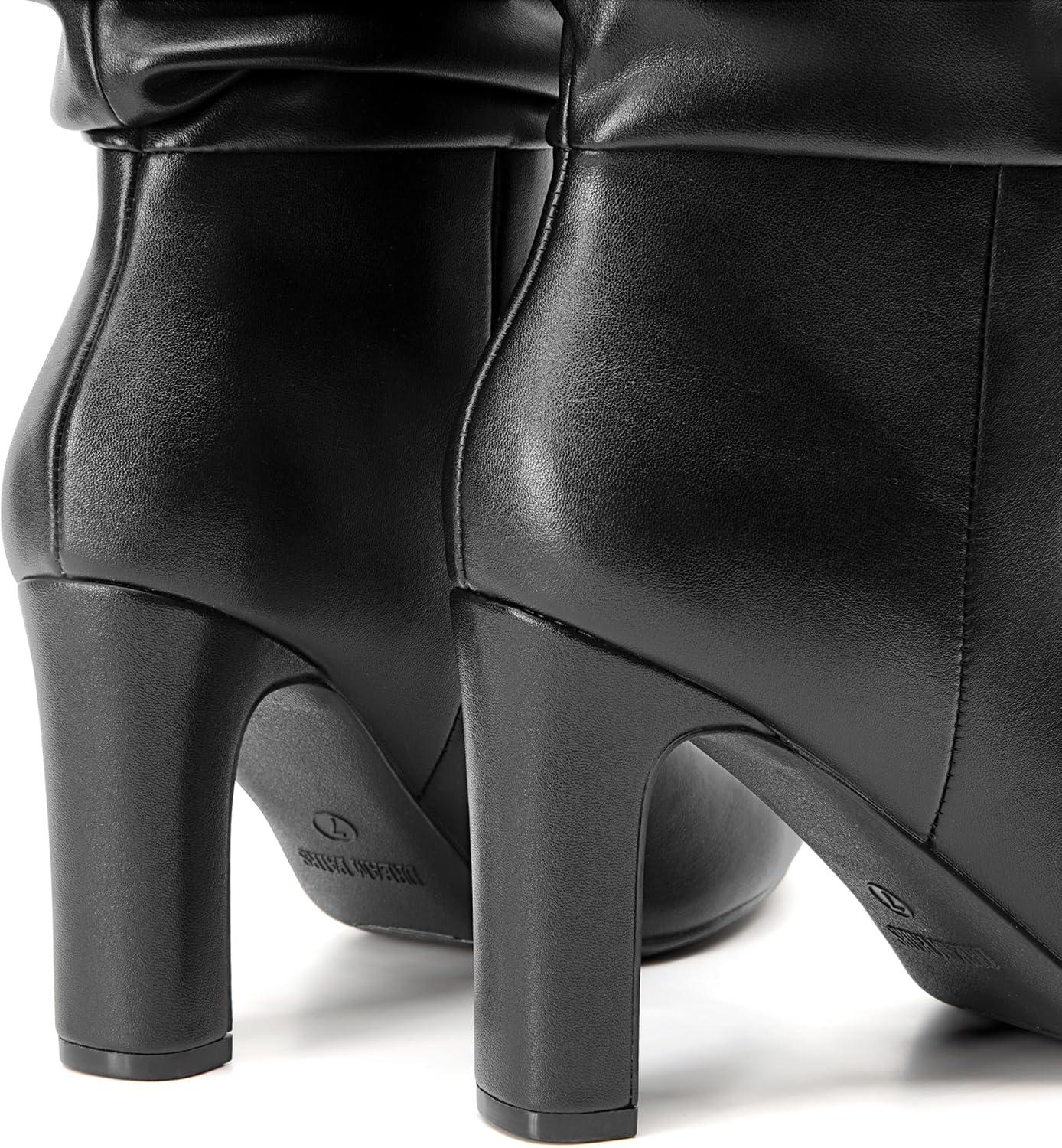 imageDREAM PAIRS Slouch Boots for Women Mid Calf Womens Fashion Almond Toe High Heel Fall Winter Dressy BootsBlackpu