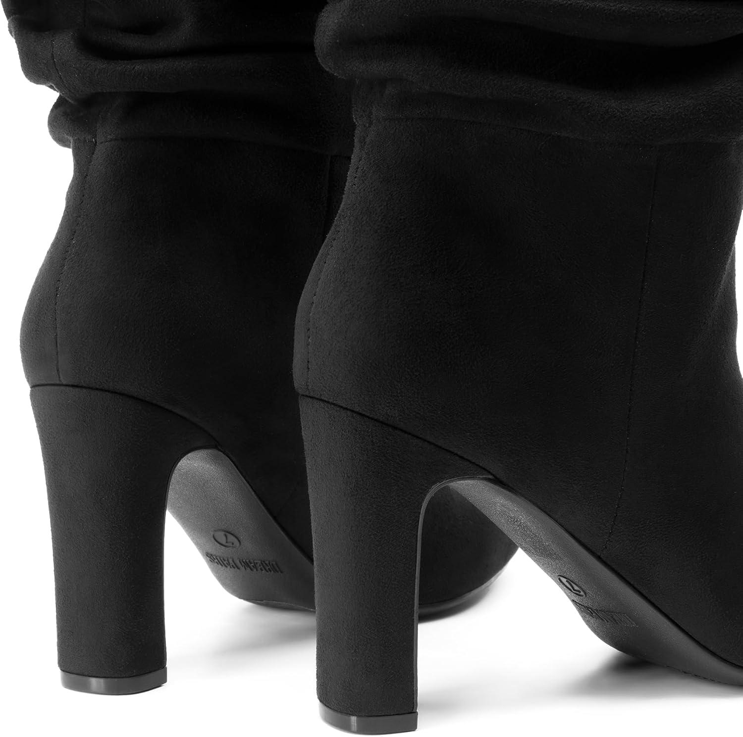 imageDREAM PAIRS Slouch Boots for Women Mid Calf Womens Fashion Almond Toe High Heel Fall Winter Dressy BootsBlacksuede