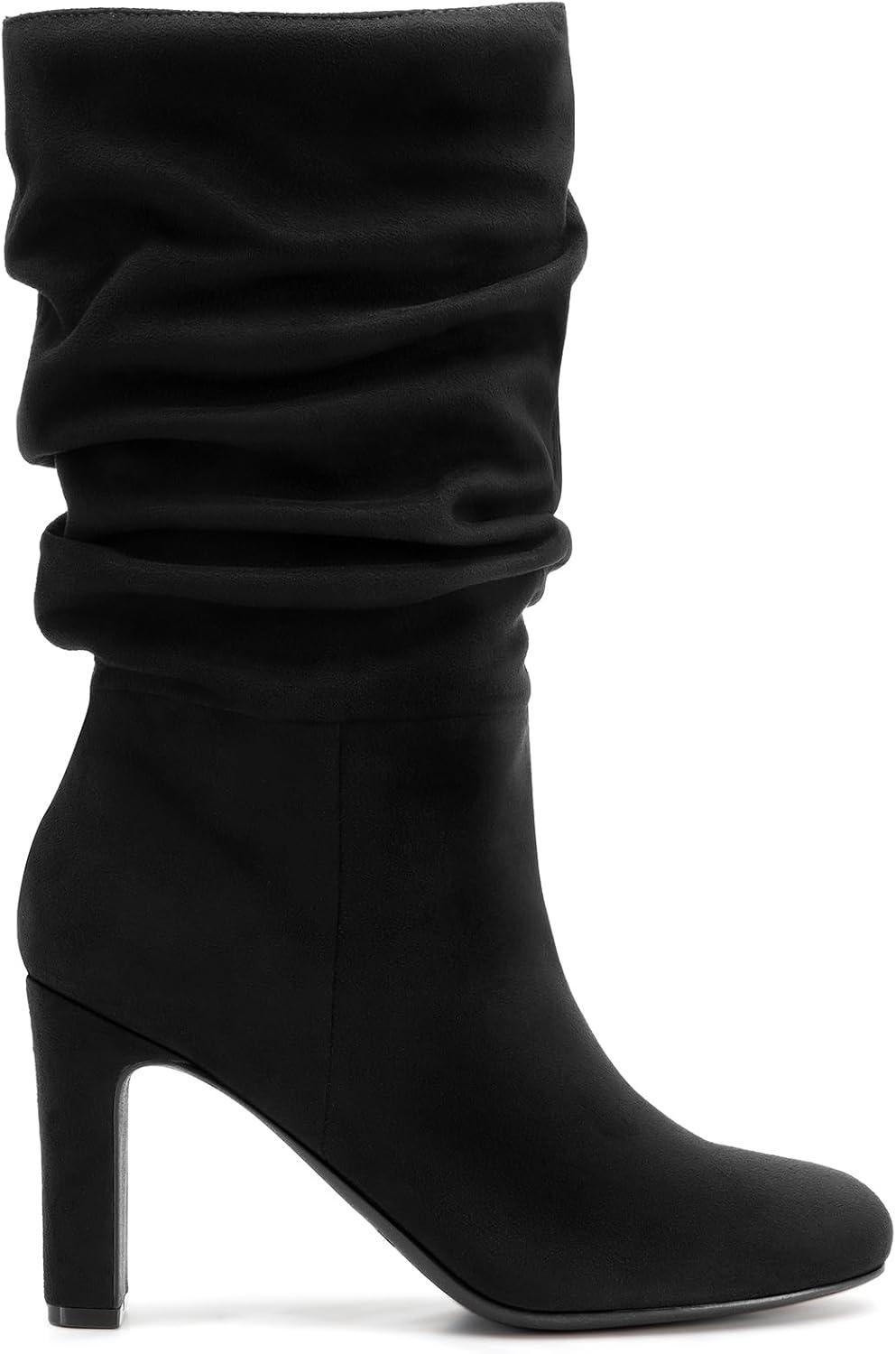 imageDREAM PAIRS Slouch Boots for Women Mid Calf Womens Fashion Almond Toe High Heel Fall Winter Dressy BootsBlacksuede