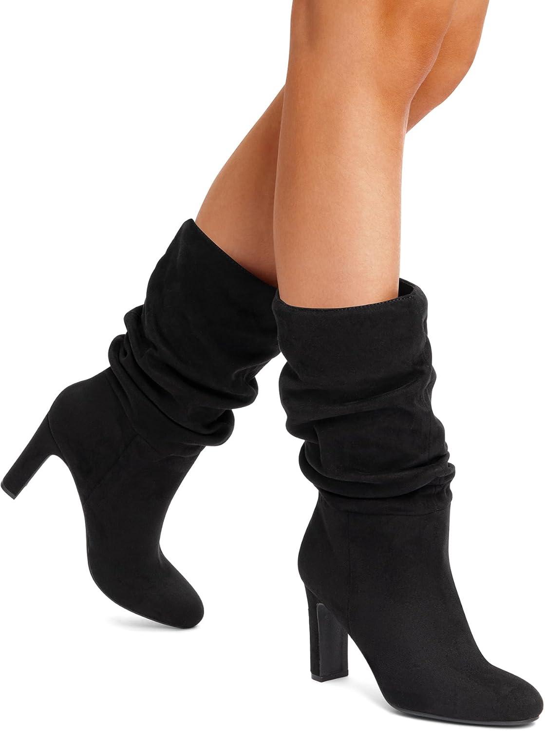 imageDREAM PAIRS Slouch Boots for Women Mid Calf Womens Fashion Almond Toe High Heel Fall Winter Dressy BootsBlacksuede