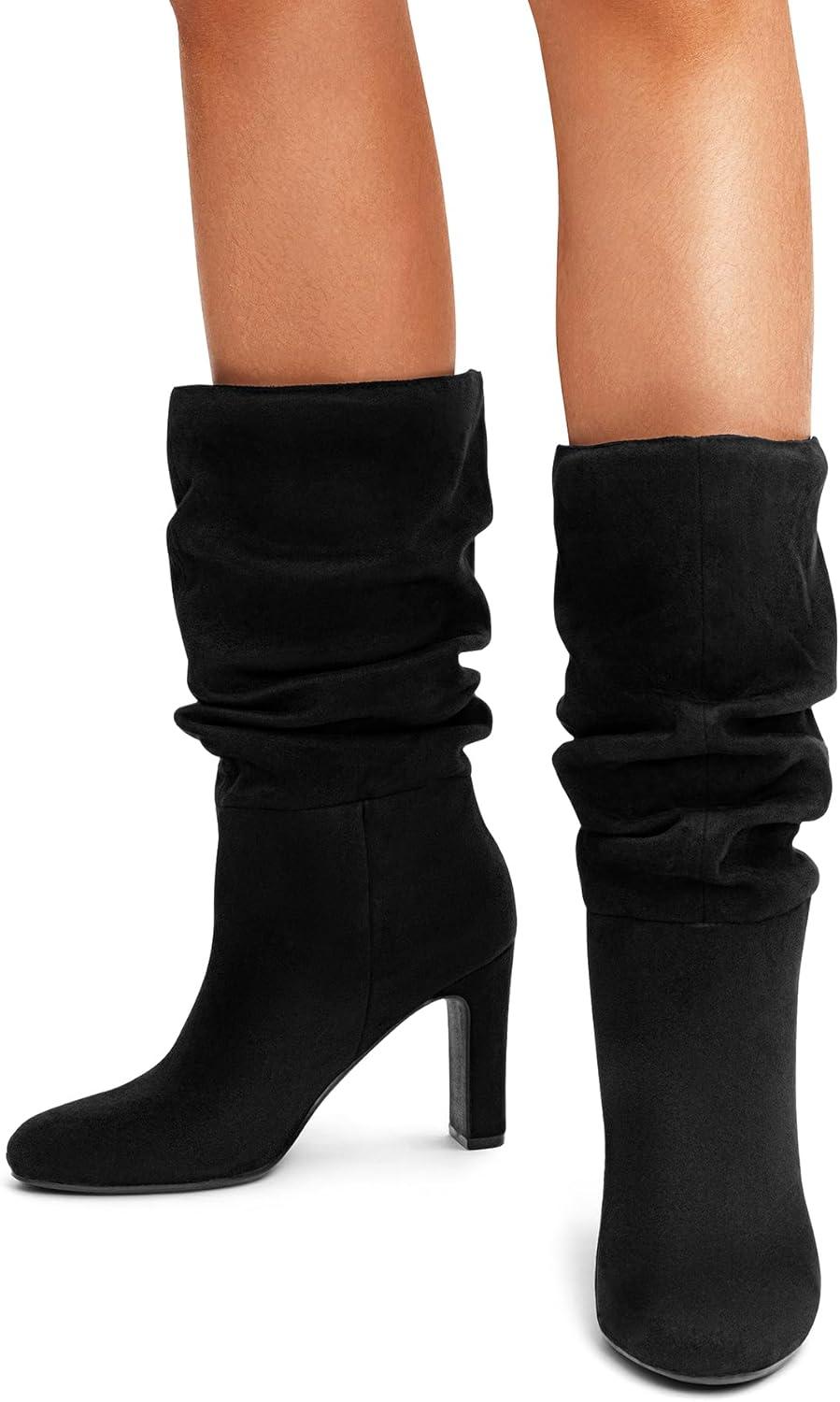imageDREAM PAIRS Slouch Boots for Women Mid Calf Womens Fashion Almond Toe High Heel Fall Winter Dressy BootsBlacksuede