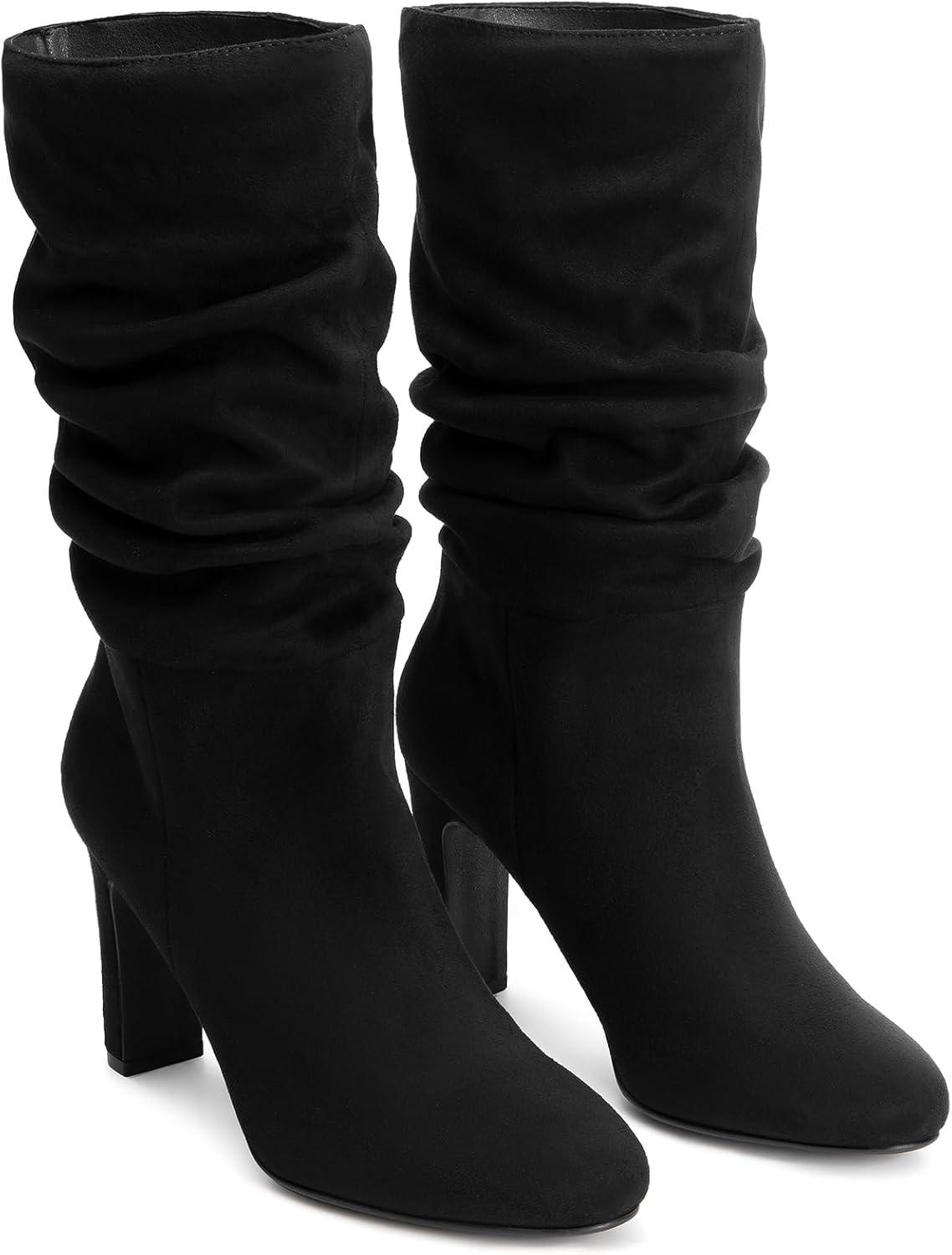 imageDREAM PAIRS Slouch Boots for Women Mid Calf Womens Fashion Almond Toe High Heel Fall Winter Dressy BootsBlacksuede