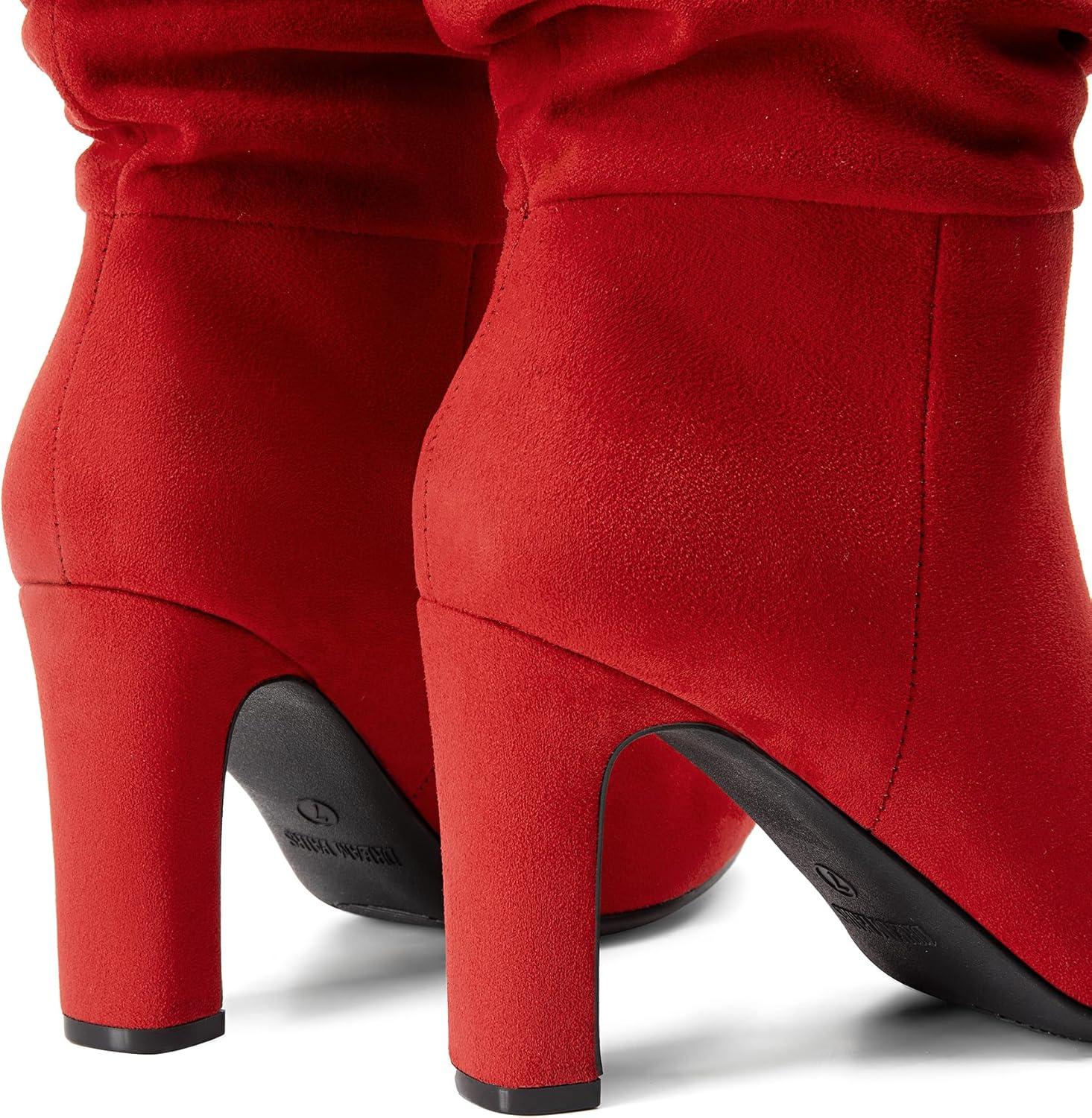 imageDREAM PAIRS Slouch Boots for Women Mid Calf Womens Fashion Almond Toe High Heel Fall Winter Dressy BootsRedsuede