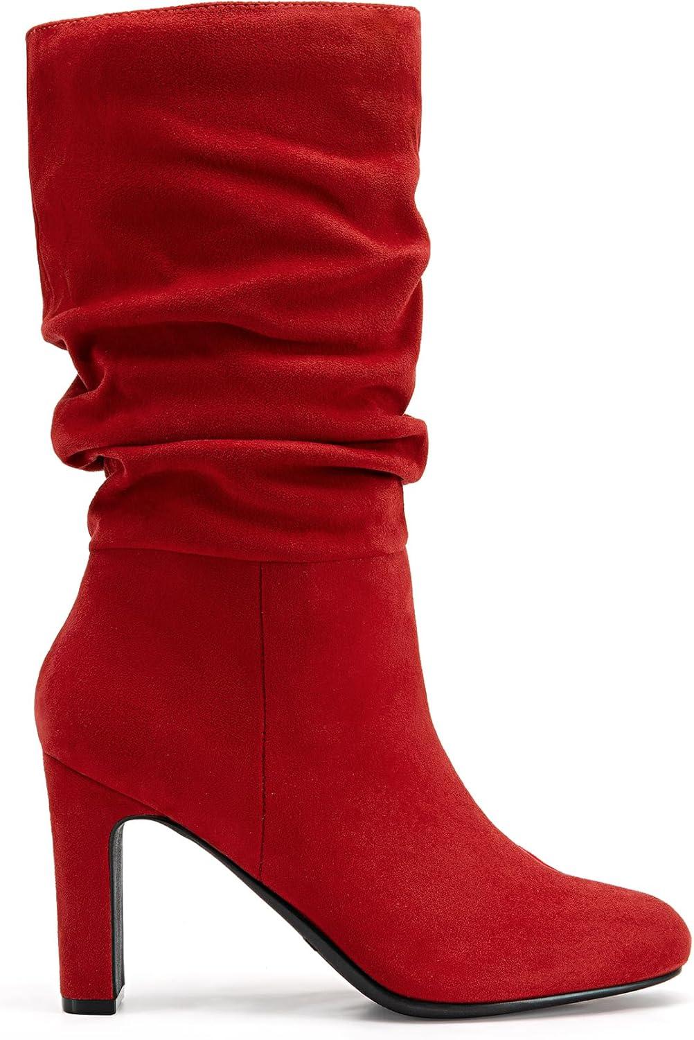 imageDREAM PAIRS Slouch Boots for Women Mid Calf Womens Fashion Almond Toe High Heel Fall Winter Dressy BootsRedsuede