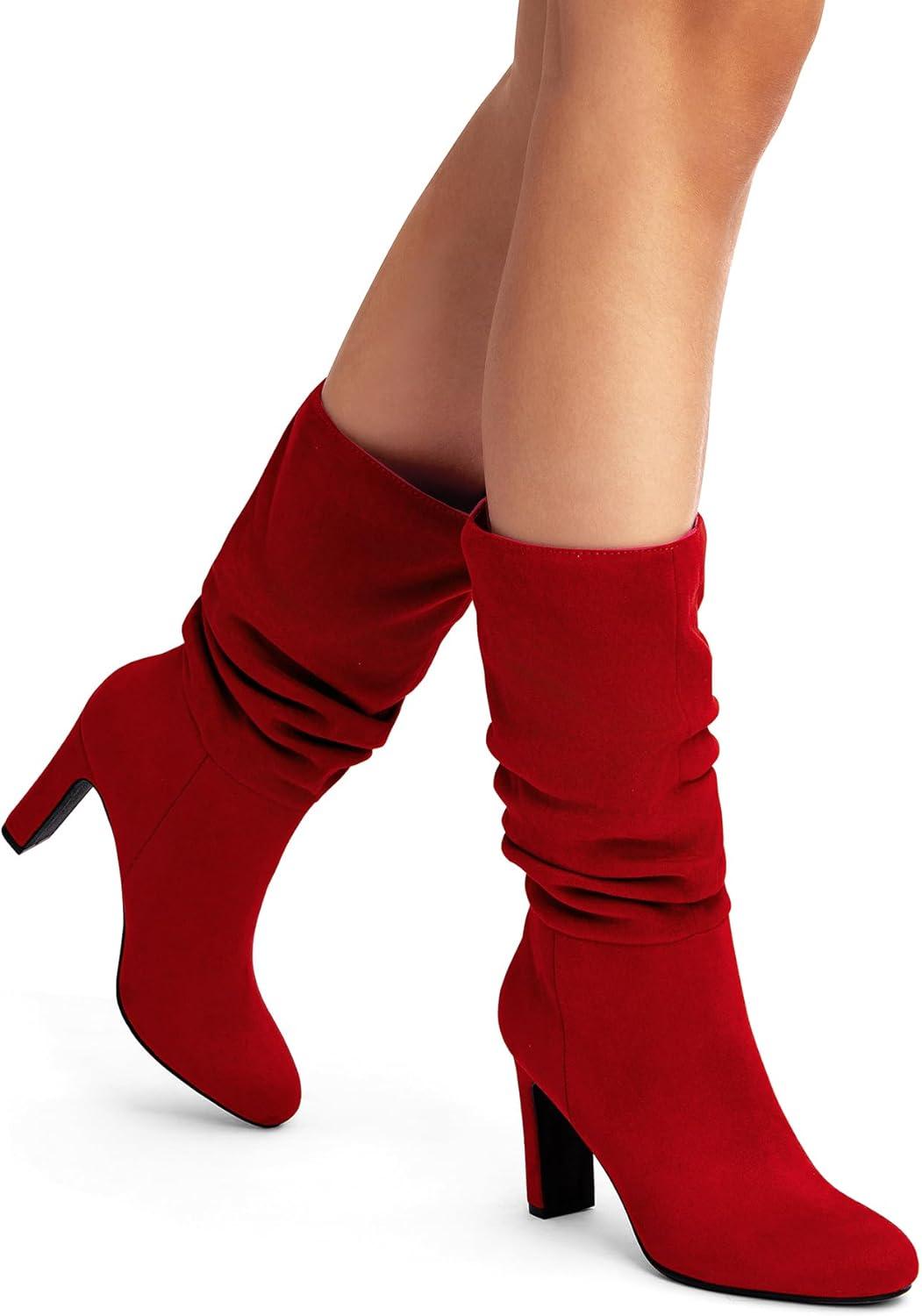imageDREAM PAIRS Slouch Boots for Women Mid Calf Womens Fashion Almond Toe High Heel Fall Winter Dressy BootsRedsuede