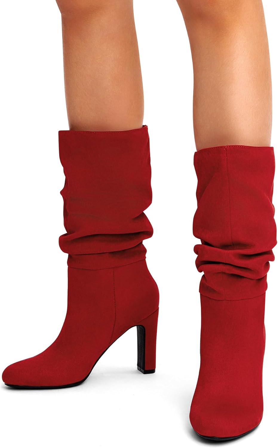 imageDREAM PAIRS Slouch Boots for Women Mid Calf Womens Fashion Almond Toe High Heel Fall Winter Dressy BootsRedsuede