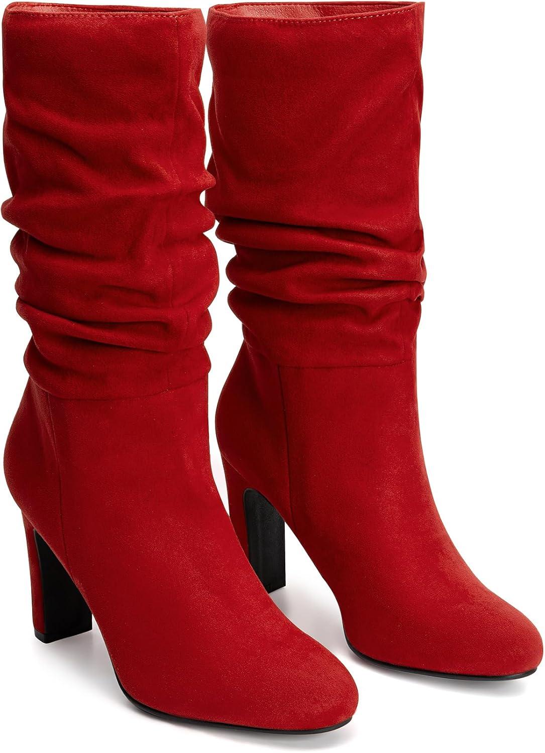 imageDREAM PAIRS Slouch Boots for Women Mid Calf Womens Fashion Almond Toe High Heel Fall Winter Dressy BootsRedsuede