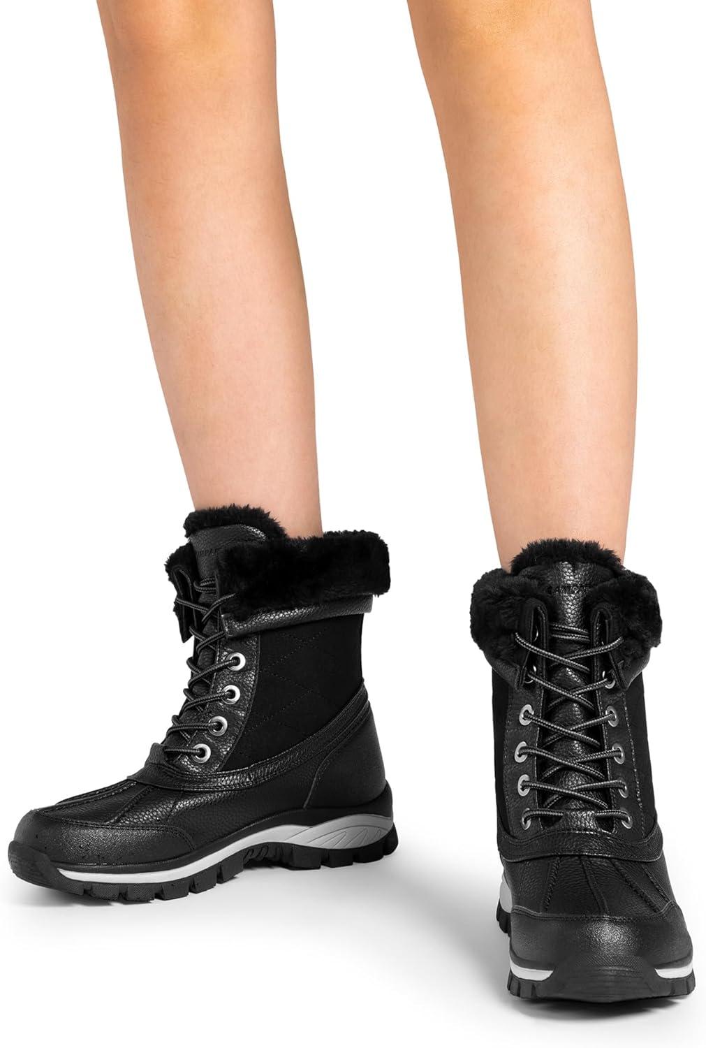 imageDREAM PAIRS Snow Boots for Women Waterproof Mid Calf Lace Up Duck Boots Warm Faux Fur FuzzyGo Bold Winter Boots for OutdoorBlack