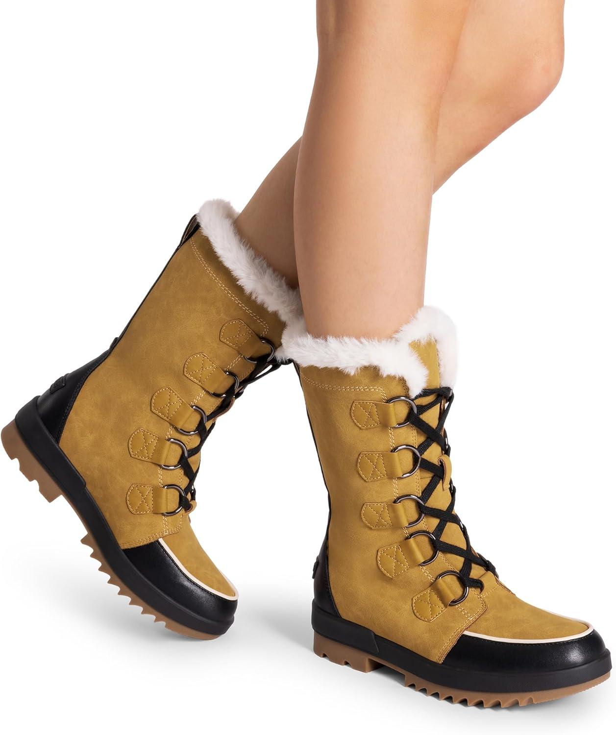 imageDREAM PAIRS Snow Winter Boots for Women Resistant Warm MidCalf Boots Faux Fur Lined Lace Up Antislip Outdoor Hiking BootiesChestnutBlack