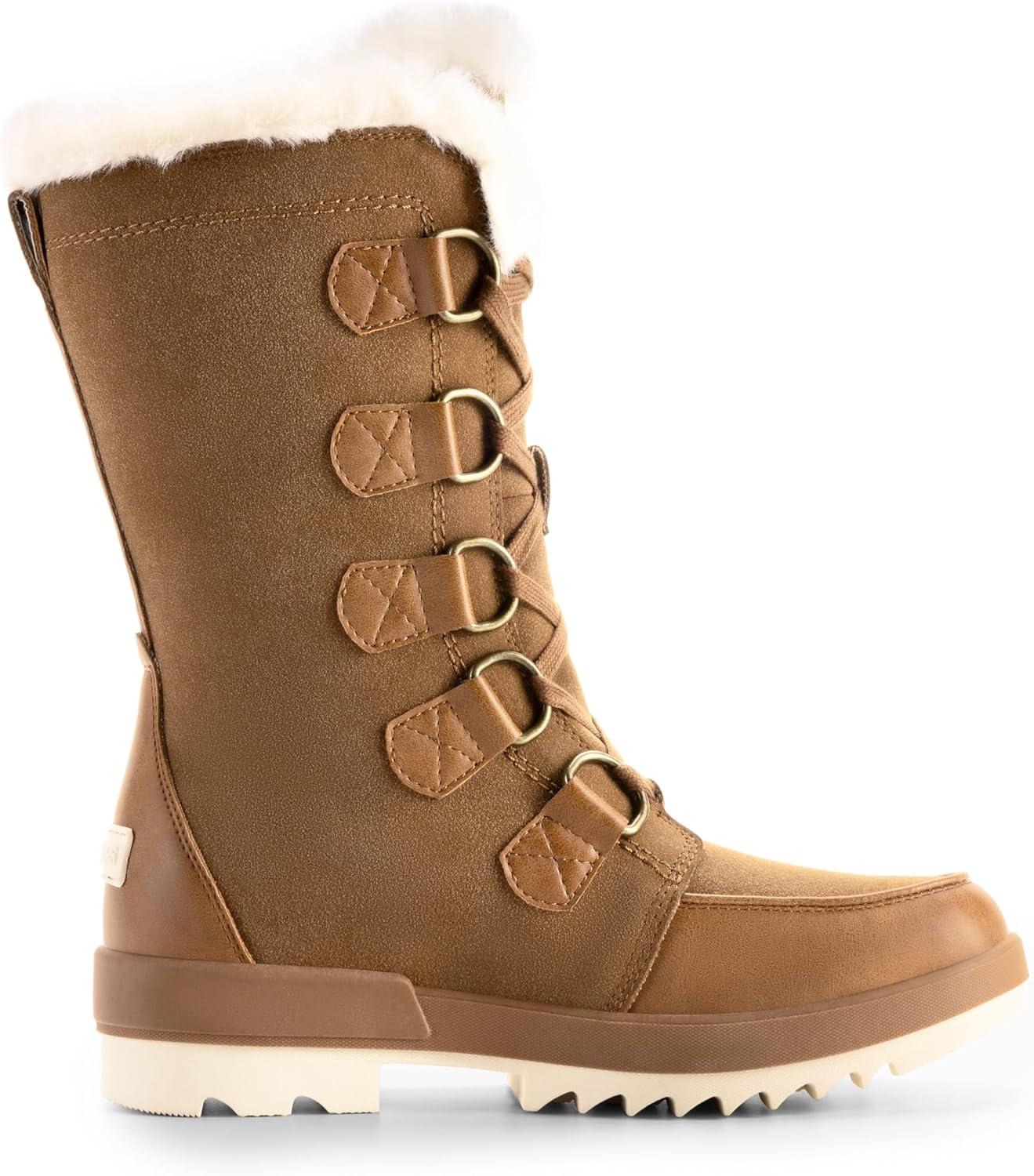 imageDREAM PAIRS Snow Winter Boots for Women Resistant Warm MidCalf Boots Faux Fur Lined Lace Up Antislip Outdoor Hiking BootiesTan