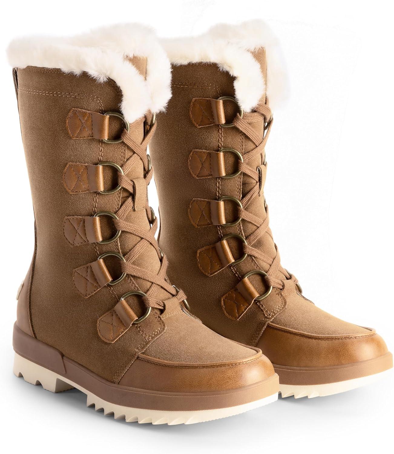 imageDREAM PAIRS Snow Winter Boots for Women Resistant Warm MidCalf Boots Faux Fur Lined Lace Up Antislip Outdoor Hiking BootiesTan