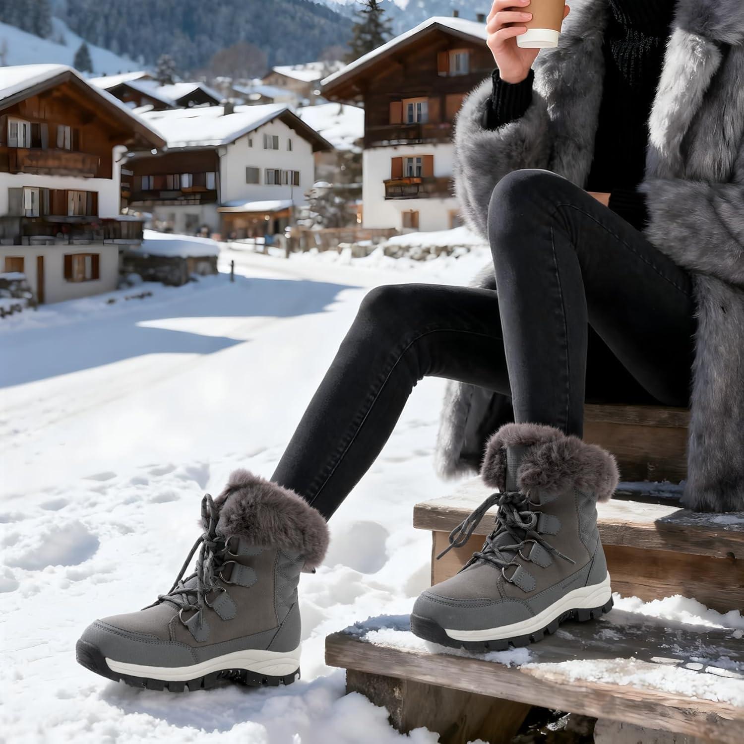 imageDREAM PAIRS Waterproof Snow Boots for Women Faux Fur Cozy Warm Insulated Winter Boots Lace Up MidCalf Outdoor Shoes for Walking Hiking HesperaDark Grey