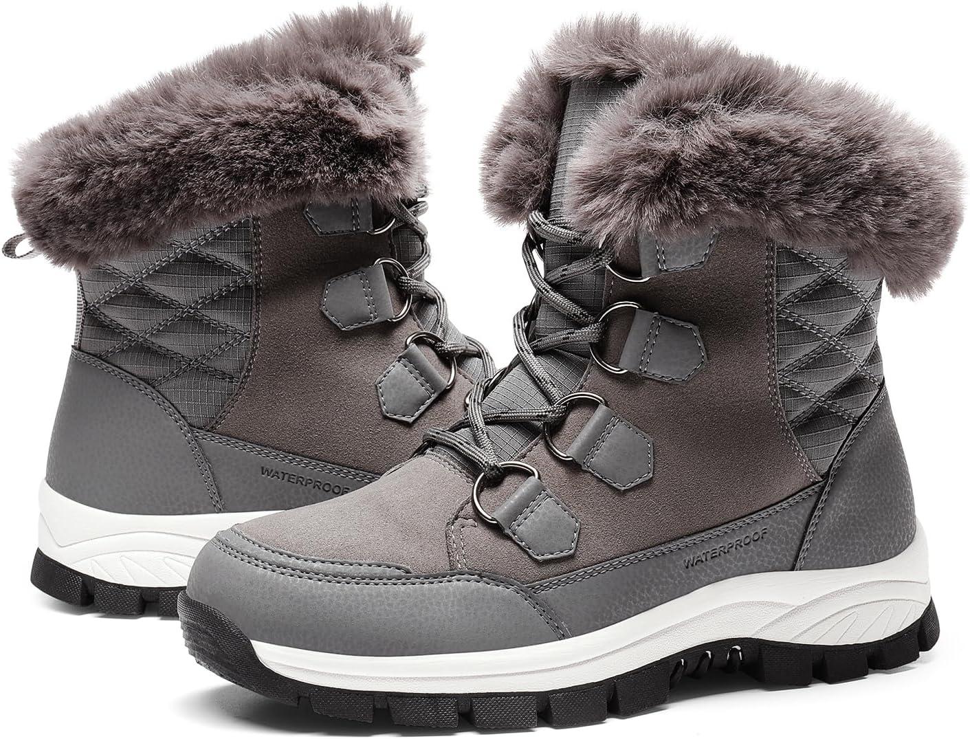 imageDREAM PAIRS Waterproof Snow Boots for Women Faux Fur Cozy Warm Insulated Winter Boots Lace Up MidCalf Outdoor Shoes for Walking Hiking HesperaDark Grey