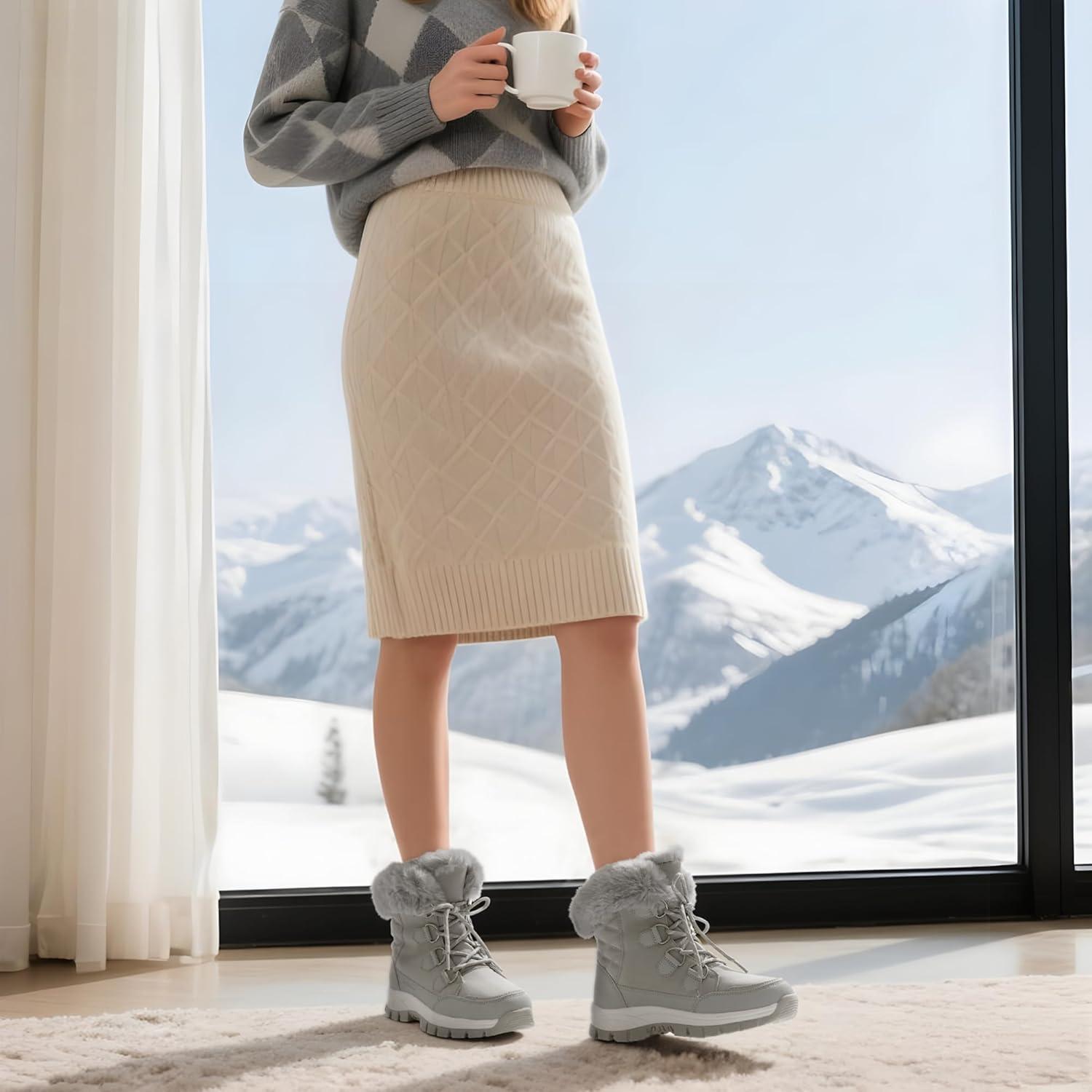 imageDREAM PAIRS Waterproof Snow Boots for Women Faux Fur Cozy Warm Insulated Winter Boots Lace Up MidCalf Outdoor Shoes for Walking Hiking HesperaLight Grey