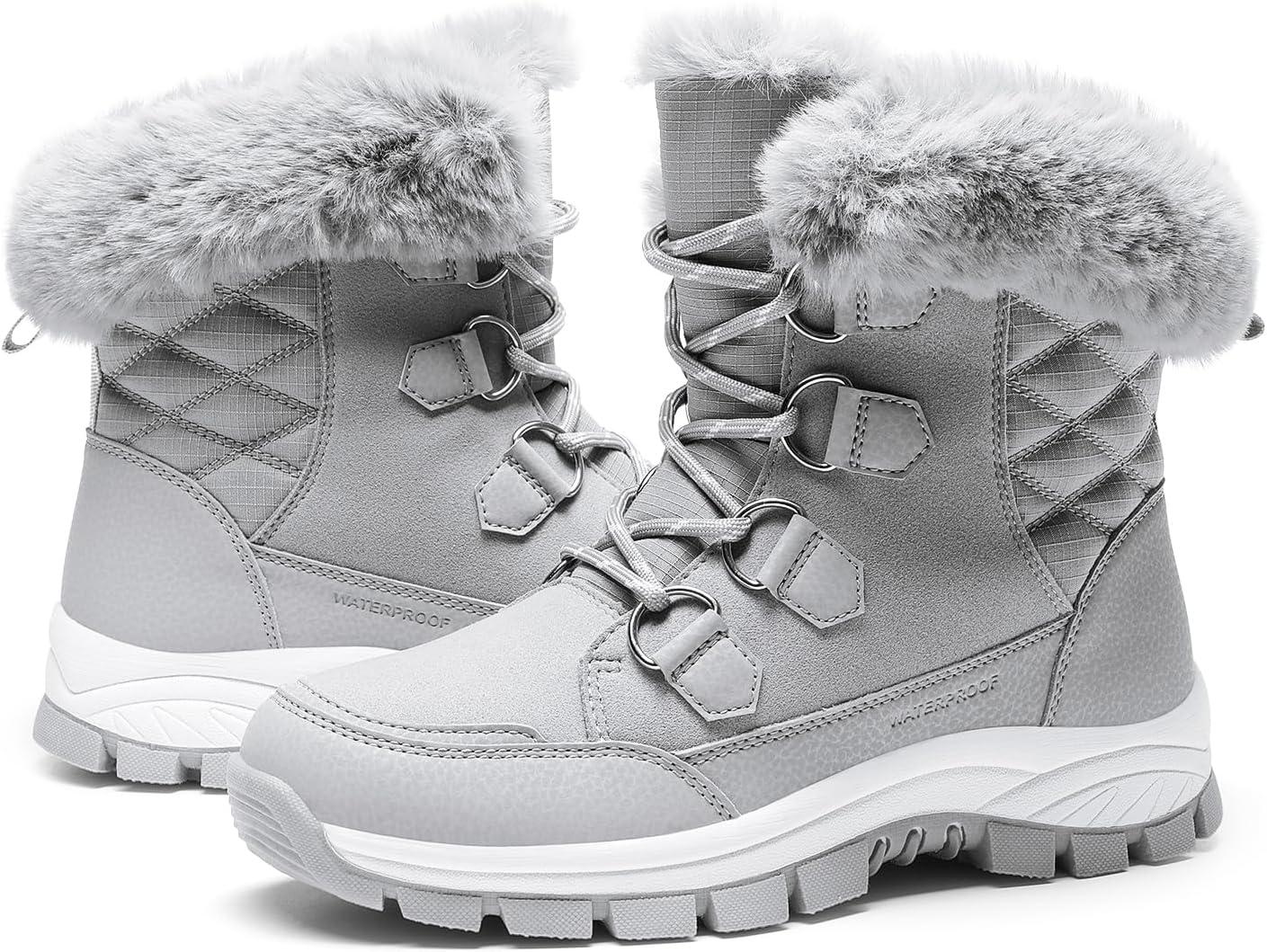 imageDREAM PAIRS Waterproof Snow Boots for Women Faux Fur Cozy Warm Insulated Winter Boots Lace Up MidCalf Outdoor Shoes for Walking Hiking HesperaLight Grey