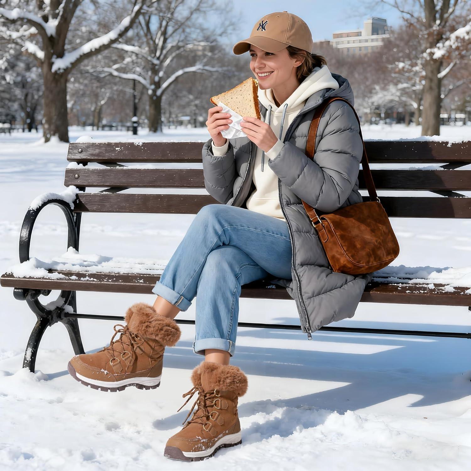 imageDREAM PAIRS Waterproof Snow Boots for Women Faux Fur Cozy Warm Insulated Winter Boots Lace Up MidCalf Outdoor Shoes for Walking Hiking HesperaTan