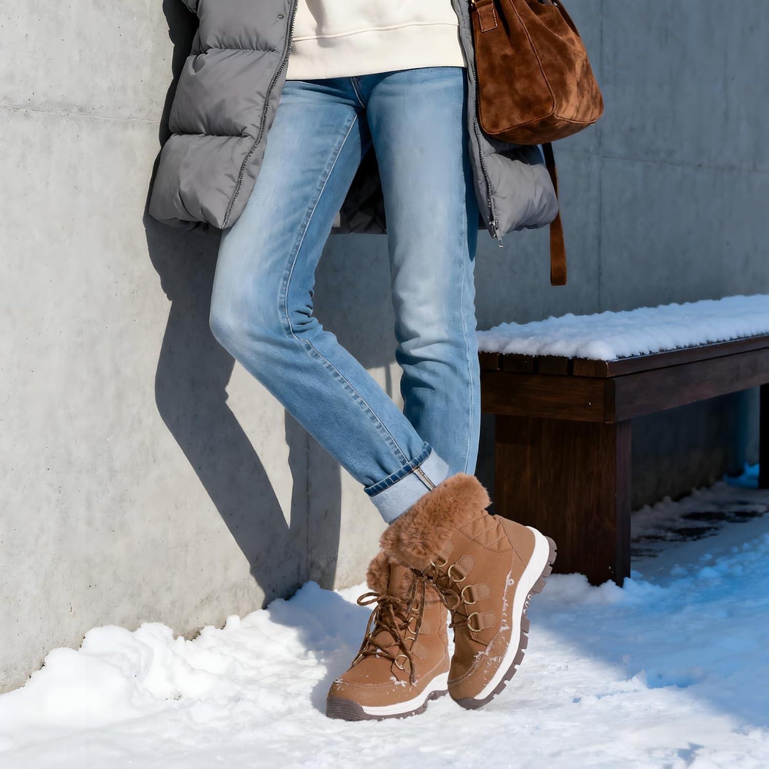 imageDREAM PAIRS Waterproof Snow Boots for Women Faux Fur Cozy Warm Insulated Winter Boots Lace Up MidCalf Outdoor Shoes for Walking Hiking HesperaTan