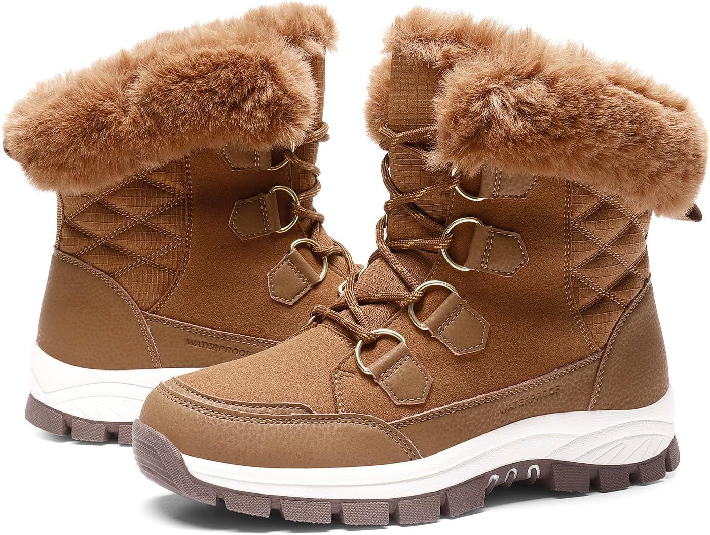 imageDREAM PAIRS Waterproof Snow Boots for Women Faux Fur Cozy Warm Insulated Winter Boots Lace Up MidCalf Outdoor Shoes for Walking Hiking HesperaTan