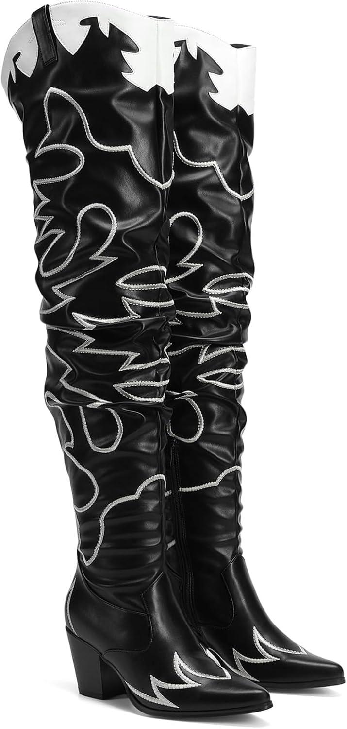 imageDREAM PAIRS Western Cowboy Boots Over The Knee Western Cowgirl Boots Women Thigh High BootsBlack