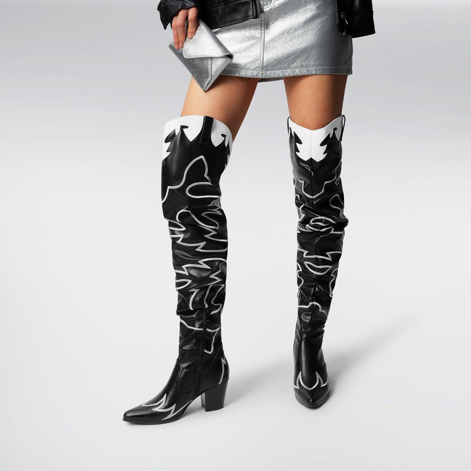 imageDREAM PAIRS Western Cowboy Boots Over The Knee Western Cowgirl Boots Women Thigh High BootsBlack