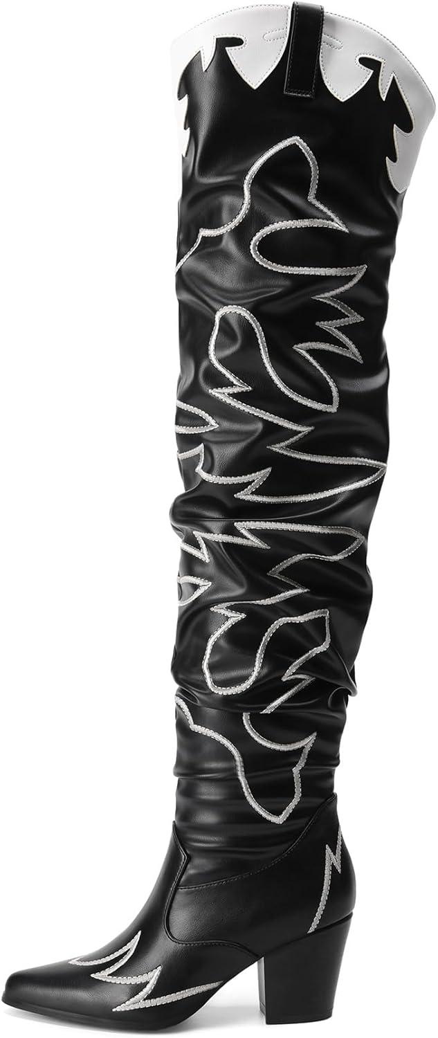 imageDREAM PAIRS Western Cowboy Boots Over The Knee Western Cowgirl Boots Women Thigh High BootsBlack