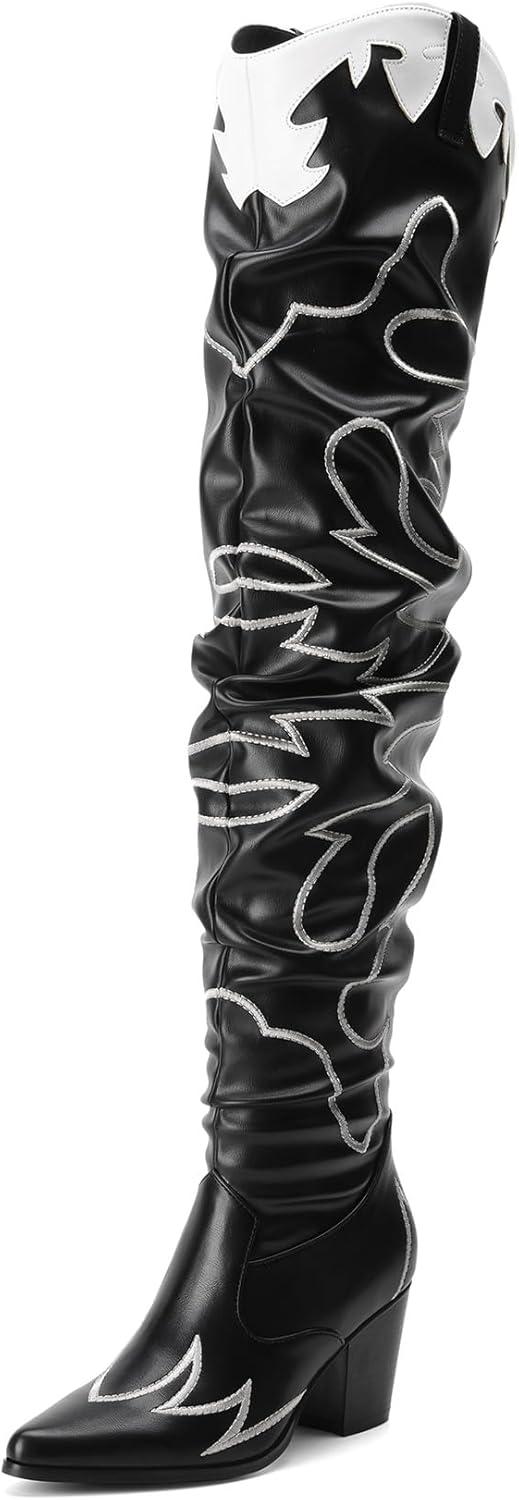 imageDREAM PAIRS Western Cowboy Boots Over The Knee Western Cowgirl Boots Women Thigh High BootsBlack