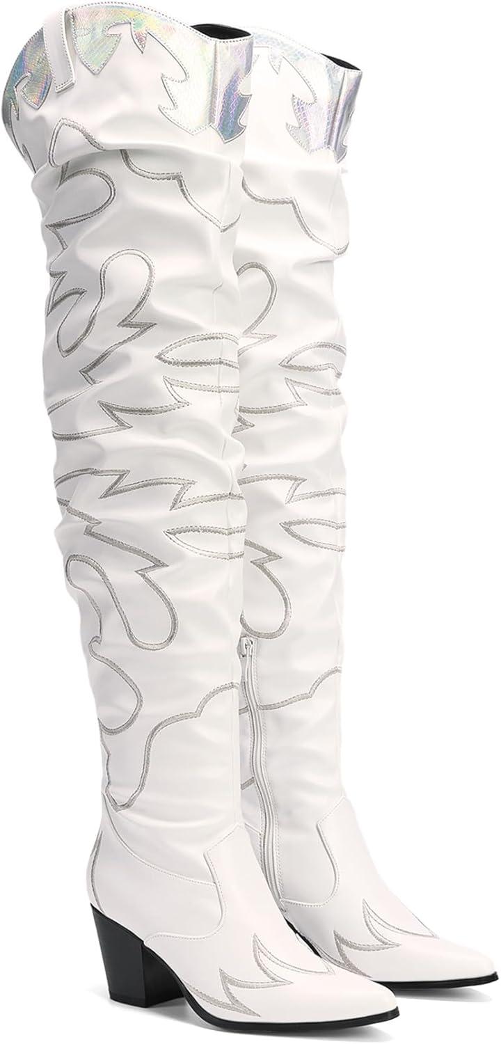 imageDREAM PAIRS Western Cowboy Boots Over The Knee Western Cowgirl Boots Women Thigh High BootsWhite