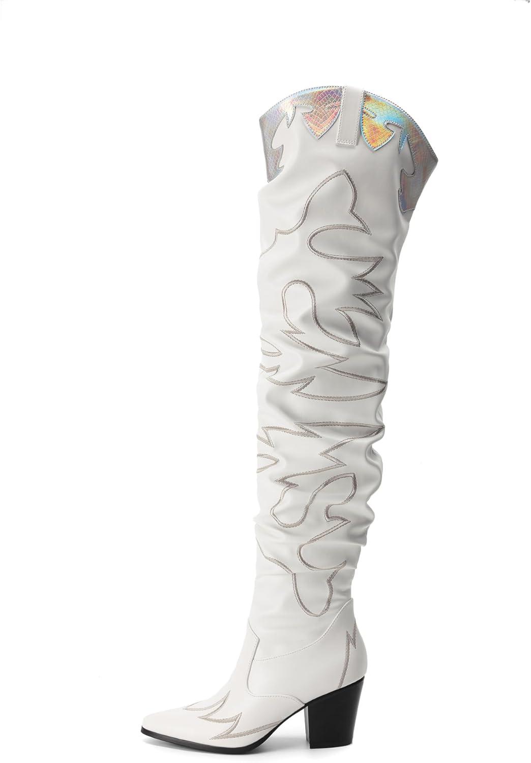 imageDREAM PAIRS Western Cowboy Boots Over The Knee Western Cowgirl Boots Women Thigh High BootsWhite