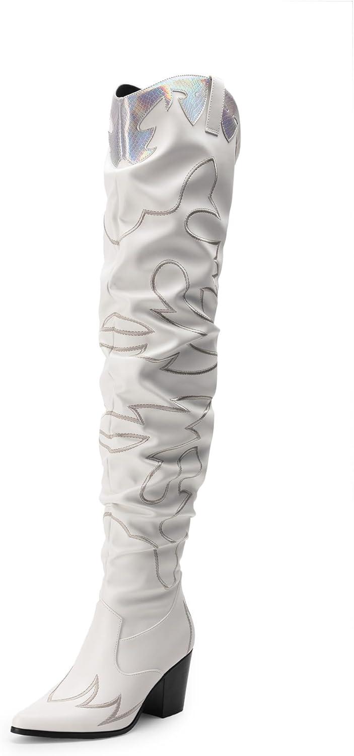 imageDREAM PAIRS Western Cowboy Boots Over The Knee Western Cowgirl Boots Women Thigh High BootsWhite