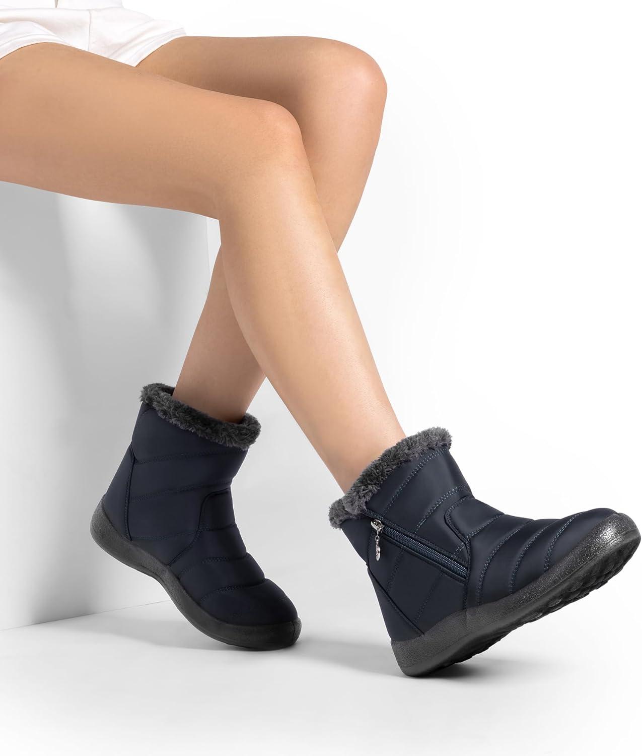 imageDREAM PAIRS Winter Boots for Women Warm Fur Lined with Zipper Flat Ankle Boots Comfortable Lightweight Outdoor Indoor BootiesNavy
