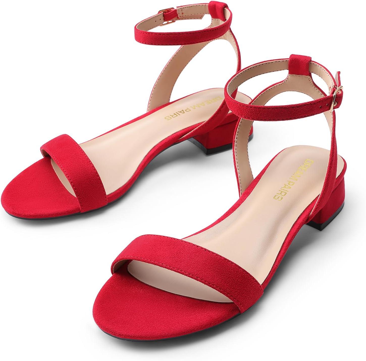 imageDREAM PAIRS Women Black White Nude Clear Sandals Low Heel Dressy Sandals Ankle Strap Open Toe Chunky Block Heeled Summer Classic Comfortable Flat ShoesRed