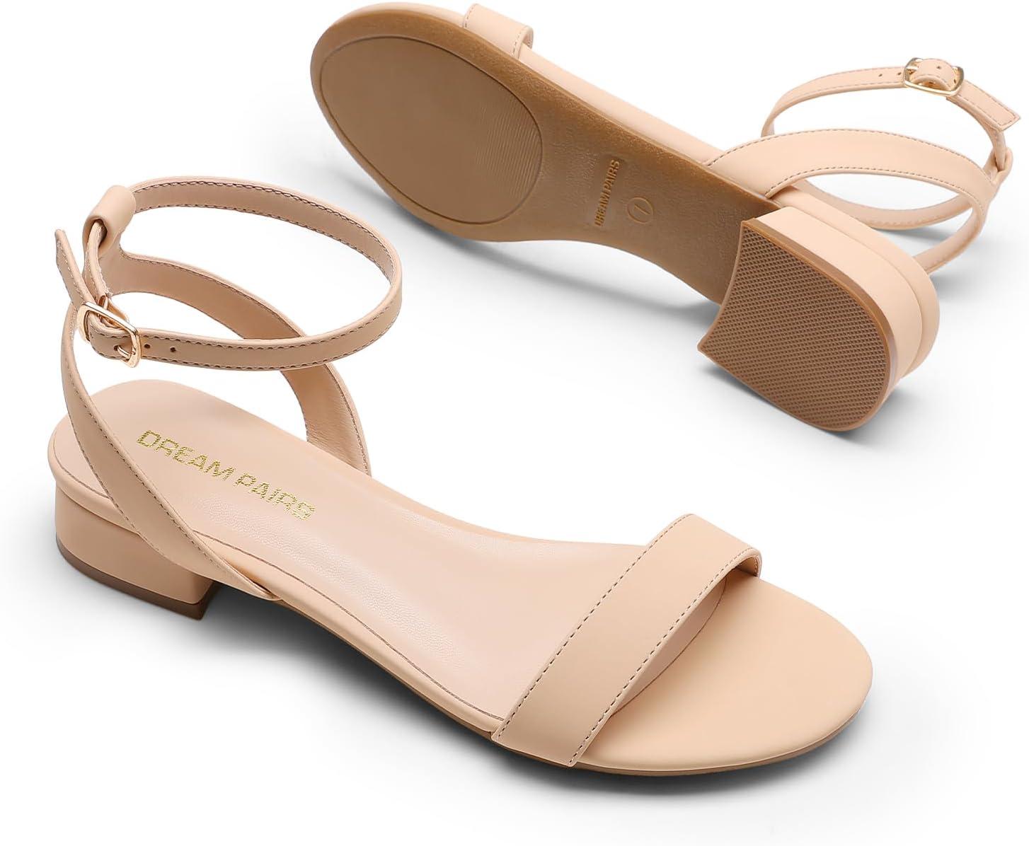 imageDREAM PAIRS Women Black White Nude Clear Sandals Low Heel Dressy Sandals Ankle Strap Open Toe Chunky Block Heeled Summer Classic Comfortable Flat ShoesNude