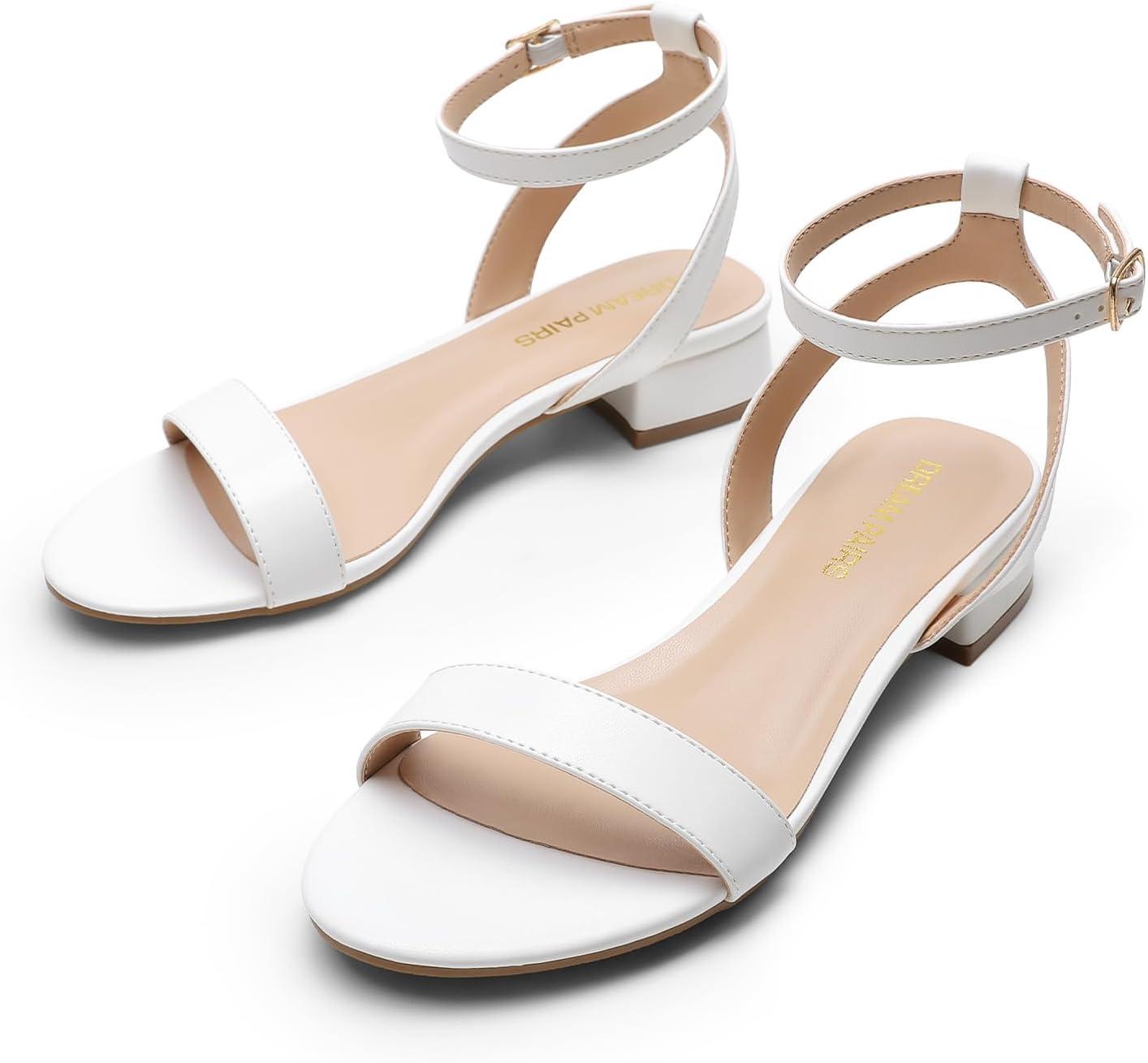 imageDREAM PAIRS Women Black White Nude Clear Sandals Low Heel Dressy Sandals Ankle Strap Open Toe Chunky Block Heeled Summer Classic Comfortable Flat ShoesWhite