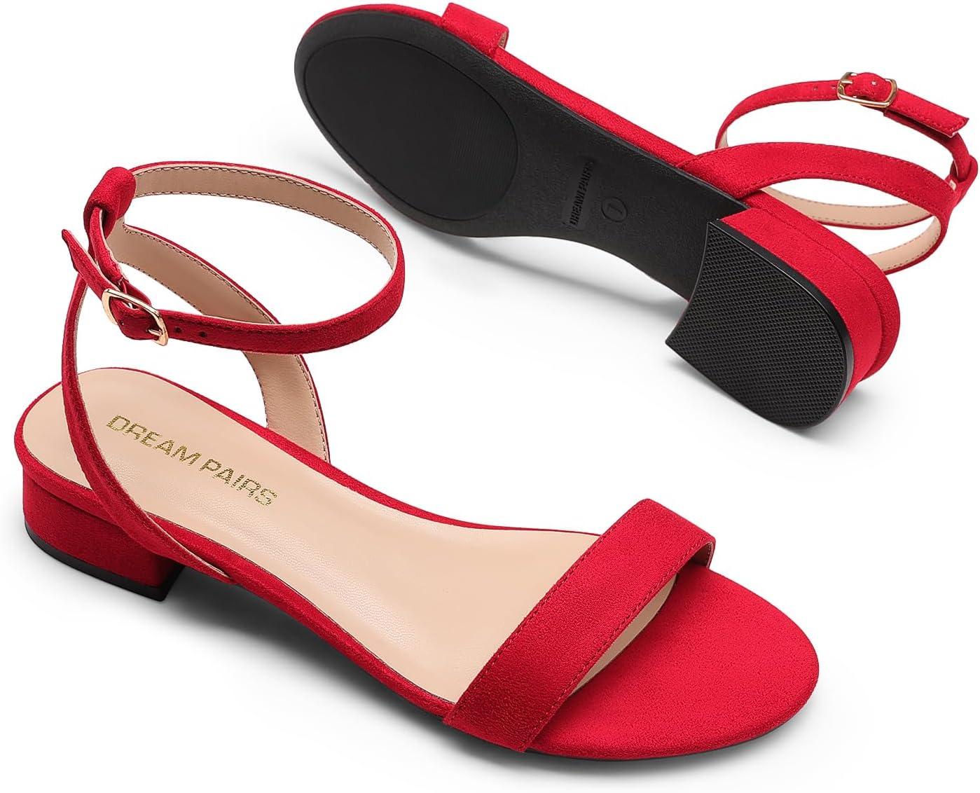 imageDREAM PAIRS Women Black White Nude Clear Sandals Low Heel Dressy Sandals Ankle Strap Open Toe Chunky Block Heeled Summer Classic Comfortable Flat ShoesRed