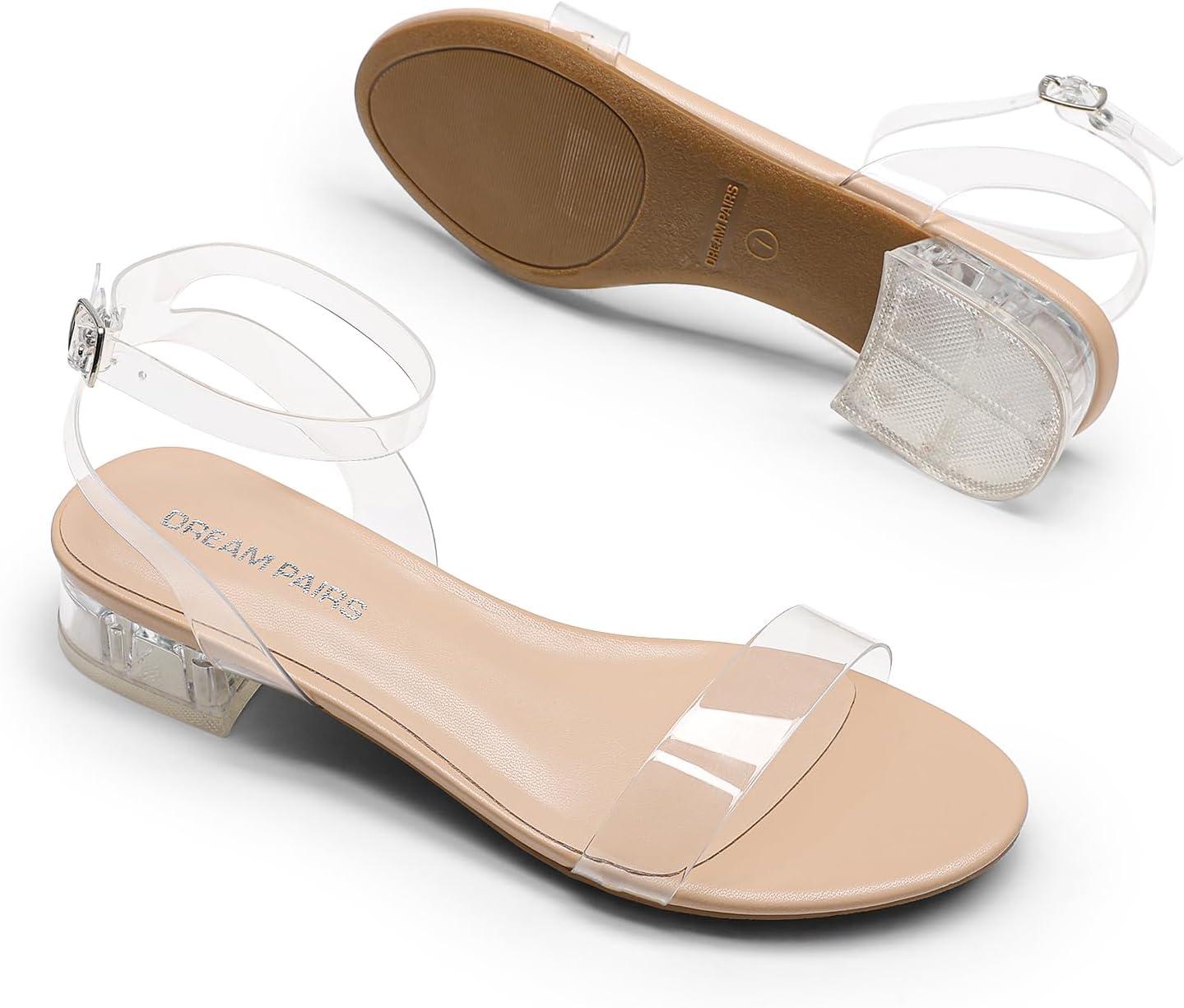 imageDREAM PAIRS Women Black White Nude Clear Sandals Low Heel Dressy Sandals Ankle Strap Open Toe Chunky Block Heeled Summer Classic Comfortable Flat ShoesClear