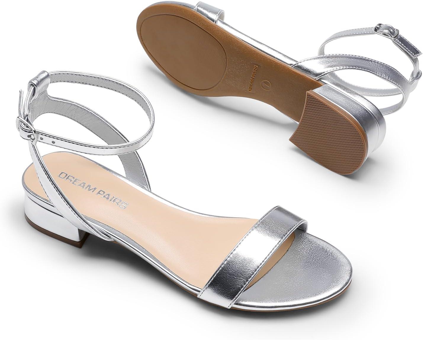 imageDREAM PAIRS Women Black White Nude Clear Sandals Low Heel Dressy Sandals Ankle Strap Open Toe Chunky Block Heeled Summer Classic Comfortable Flat ShoesSilver