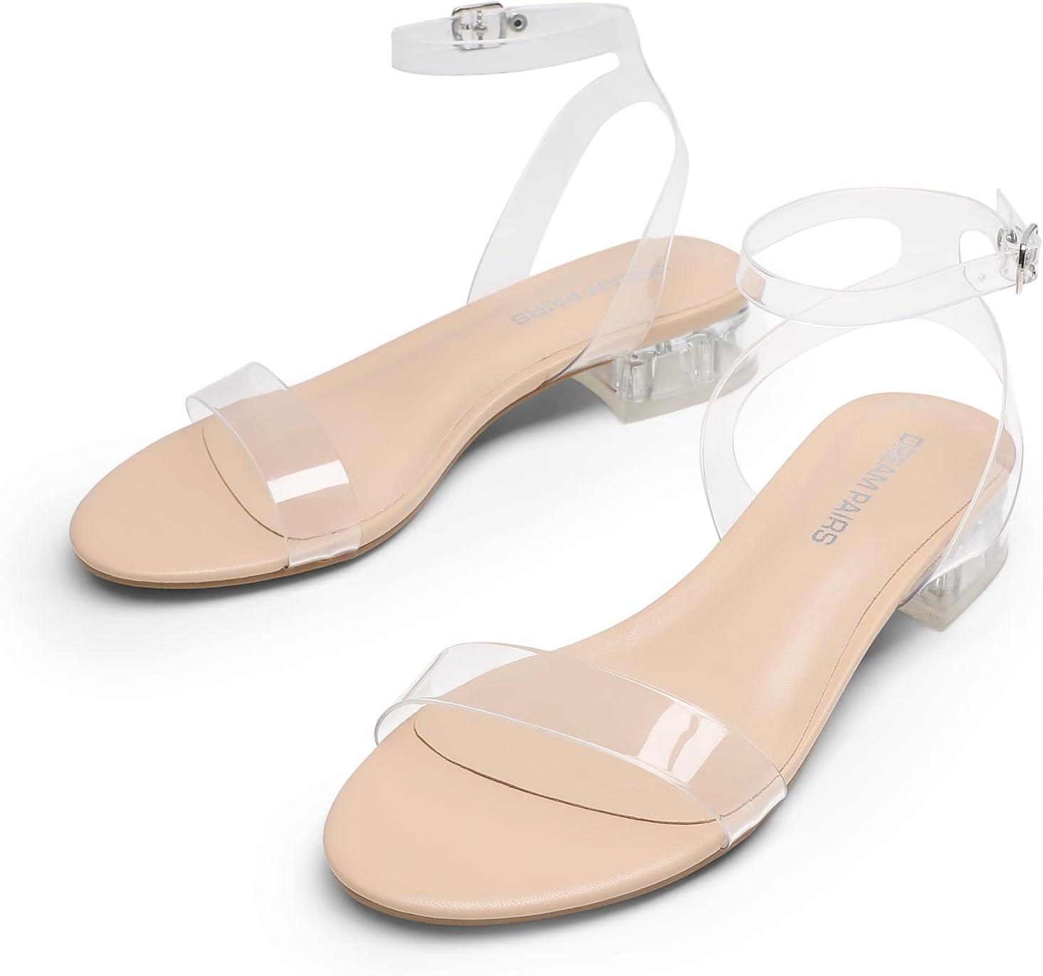 imageDREAM PAIRS Women Black White Nude Clear Sandals Low Heel Dressy Sandals Ankle Strap Open Toe Chunky Block Heeled Summer Classic Comfortable Flat ShoesClear