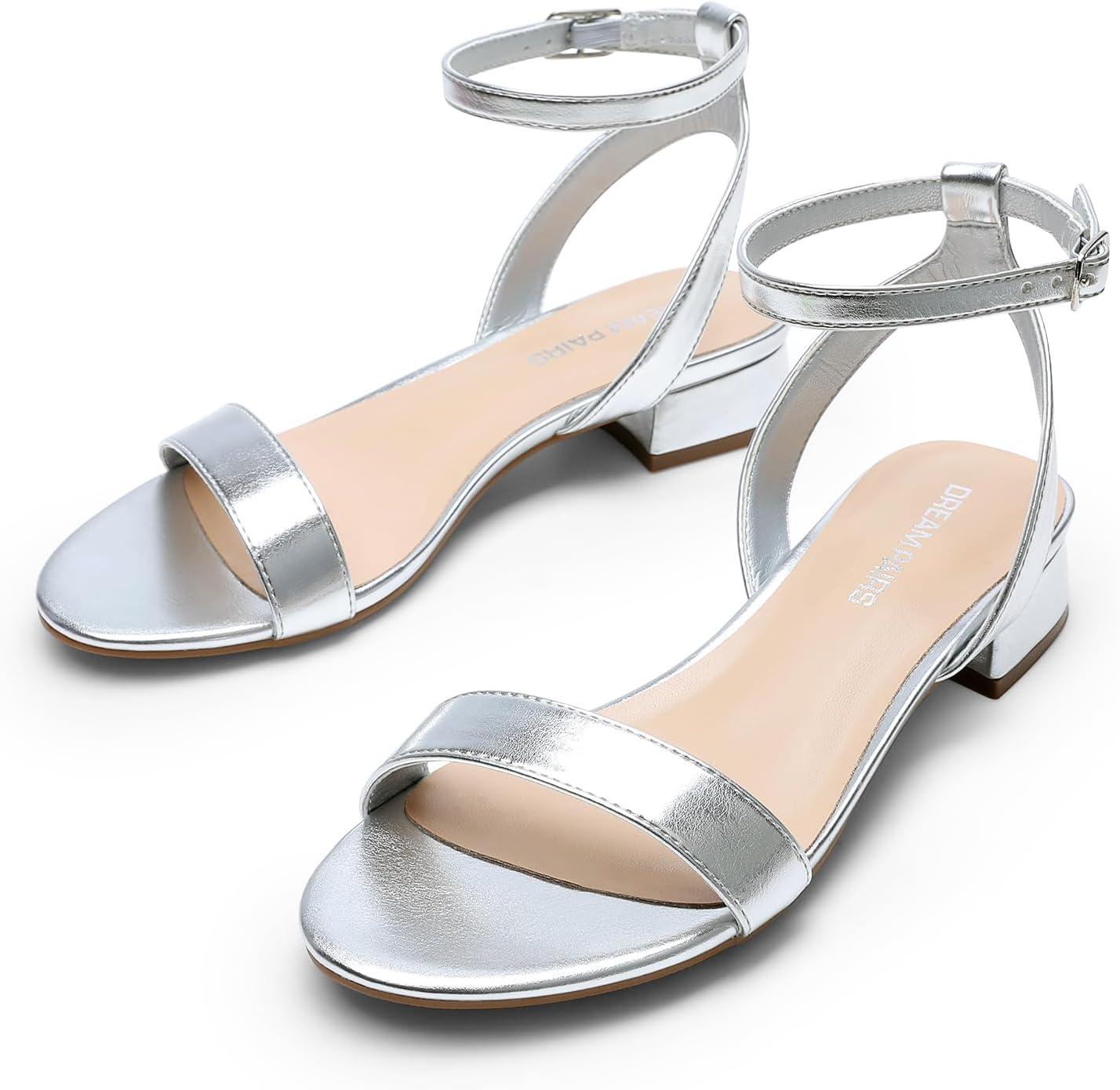 imageDREAM PAIRS Women Black White Nude Clear Sandals Low Heel Dressy Sandals Ankle Strap Open Toe Chunky Block Heeled Summer Classic Comfortable Flat ShoesSilver