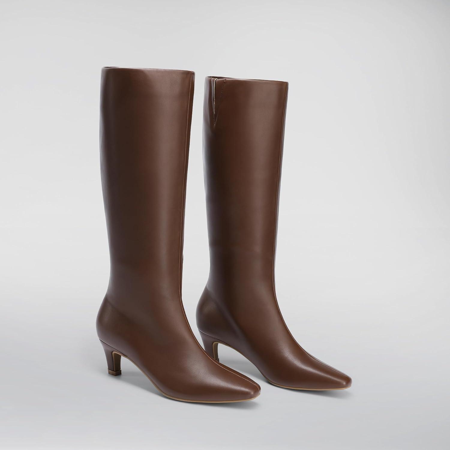 imageDREAM PAIRS Women Knee High Boots 2 Inch Kitten Heel Fashion Square Toe Wide Calf Long BootsBrown